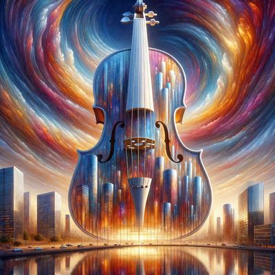 The primary subject of the image is a violin, which is prominently displayed in the foreground. The setting is a futuristic cityscape, with tall buildings and a bridge visible in the background. The visual style is a combination of digital art and illustration, creating a unique and captivating scene. The colors and mood of the image are vibrant and energetic, with a focus on the contrast between the violin and the futuristic cityscape.